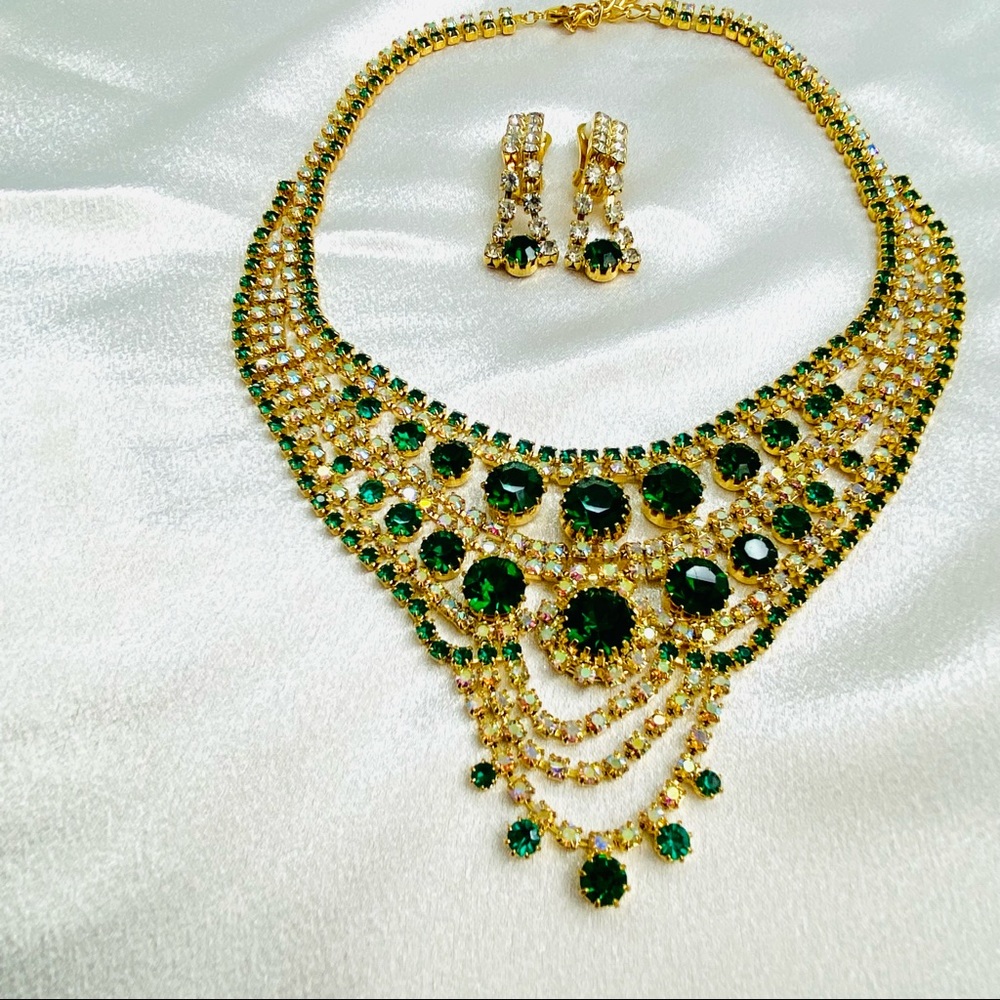Green and Gold Color Dazzling necklace sets in rhinestones.